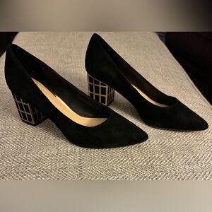 B Brian Atwood Black Heels with Gold Accents